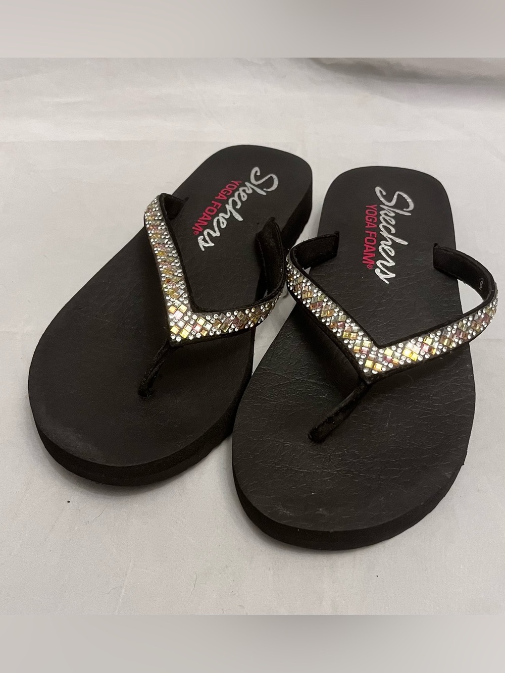 Skechers Black Flip Flops with Multi-Color Crystal Straps
